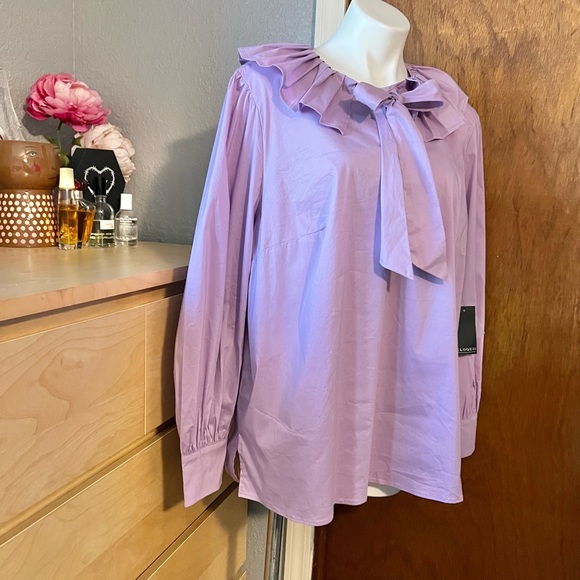 Eloquii Purple Poplin Pleated Collar Bow Top - Picture 2 of 12